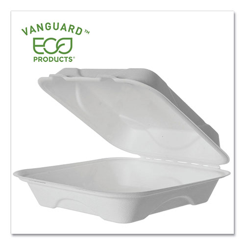 Eco-Products Vanguard Renewable and Compostable Sugarcane Clamshells | 1-Compartment， 9 x 9 x 3， White， 200
