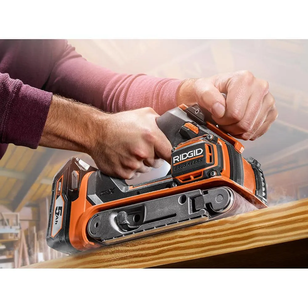 RIDGID 18V Brushless Cordless 3 in. x 18 in. Belt Sander with (2) 4.0 Ah Batteries, Charger, and Bag R86065B-AC93044SBN