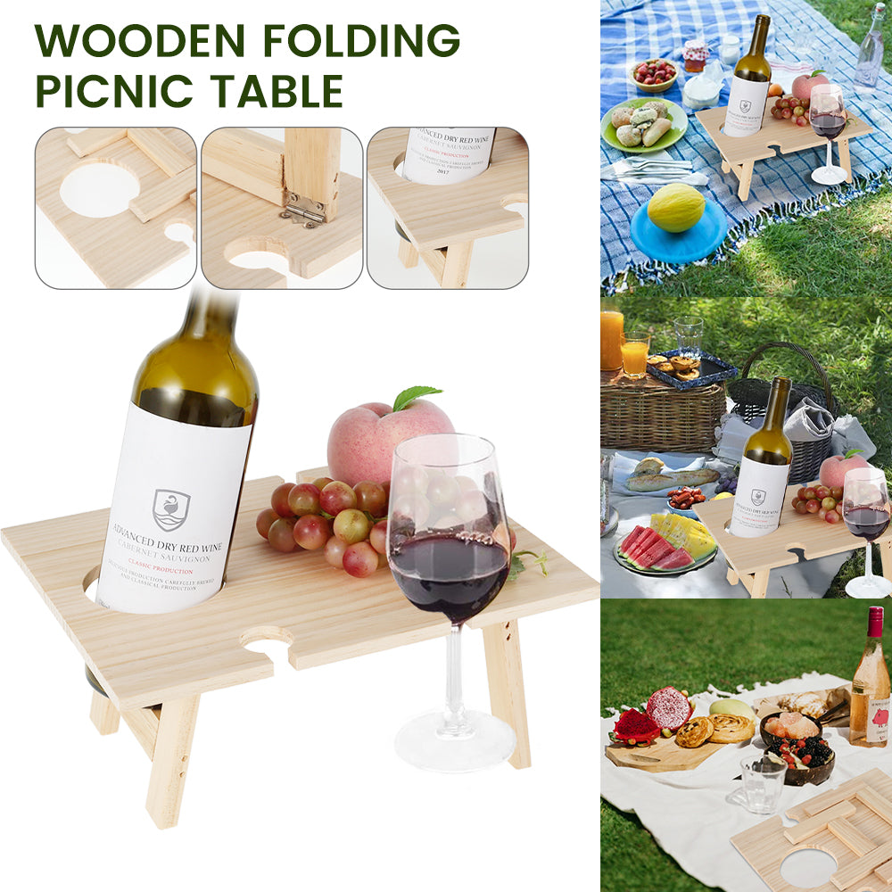 RELAX Outdoor Wine Holder Folding Table Picnic，Portable Picnic Wine and Champagne Picnic Table，Floor Insertion Small Wooden Table with Red Wine Glass Holder，Wooden Outdoor Picnic Table Fit Wine Lovers