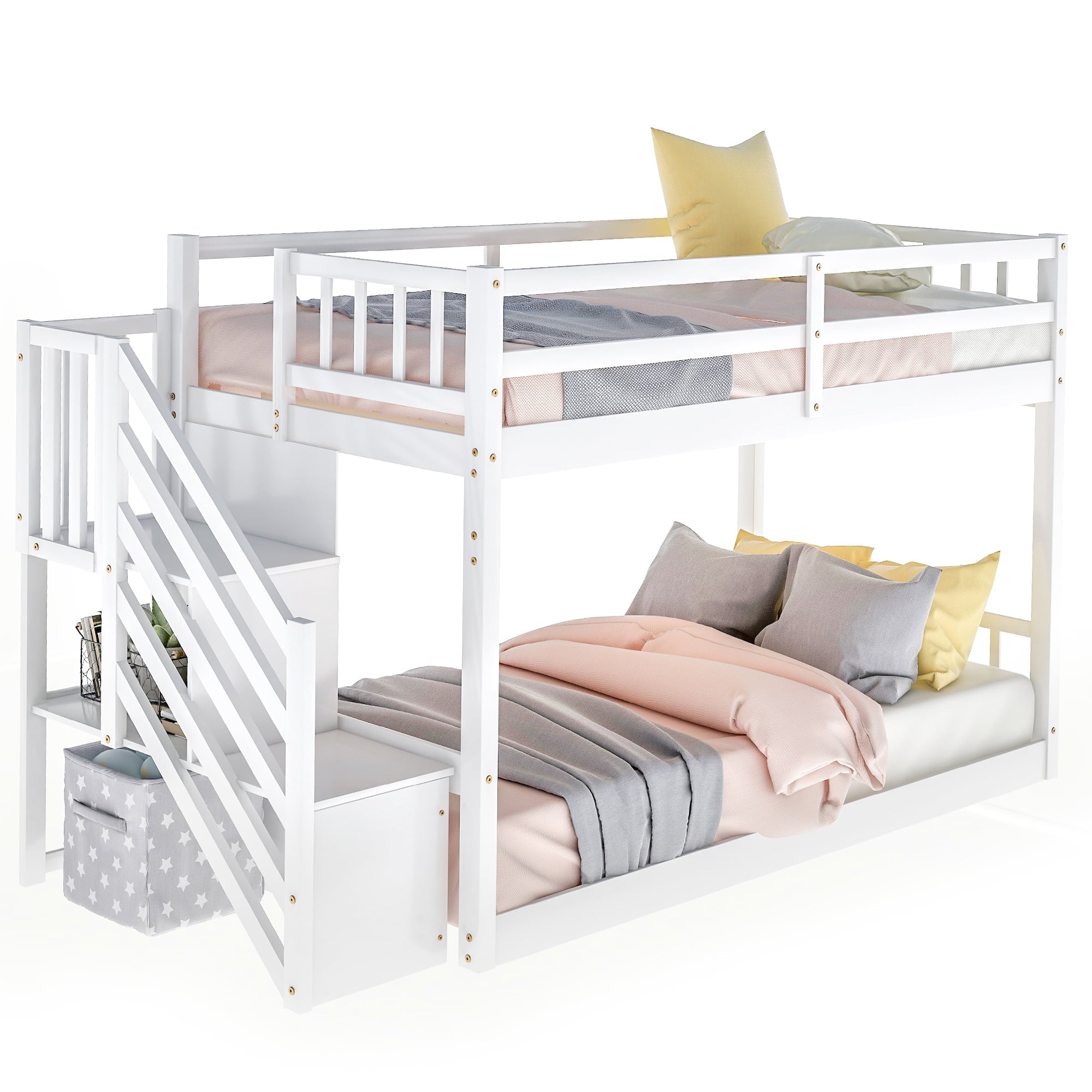 Euroco Wood Twin over Twin Floor Bunk Bed with Stairs for Kids Room, White
