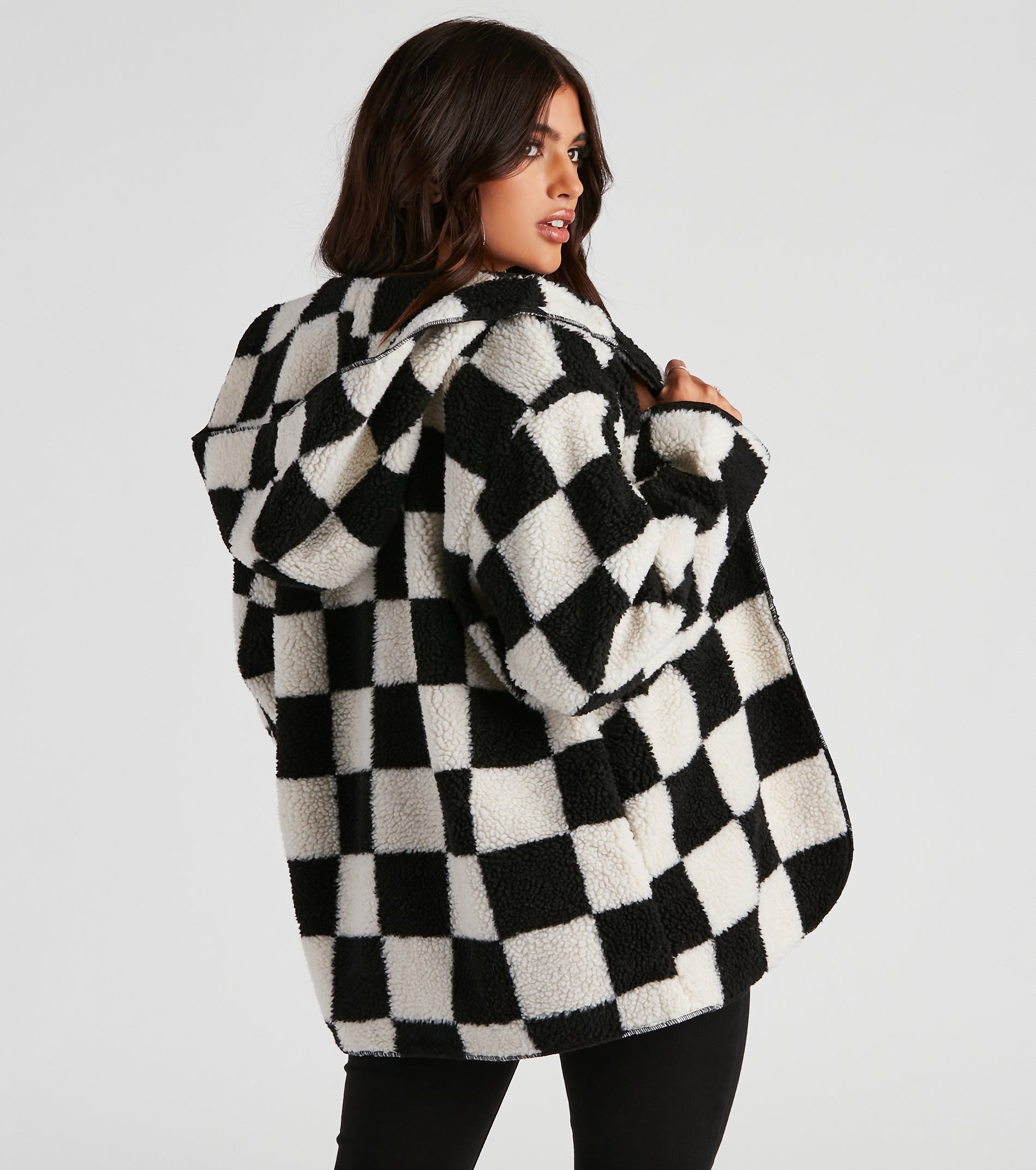 Cute In Checkered Faux Sherpa Jacket