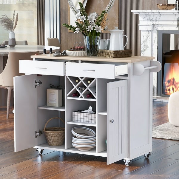 Kitchen Island Cart with Two Storage Cabinets，Wine Rack - - 36654734