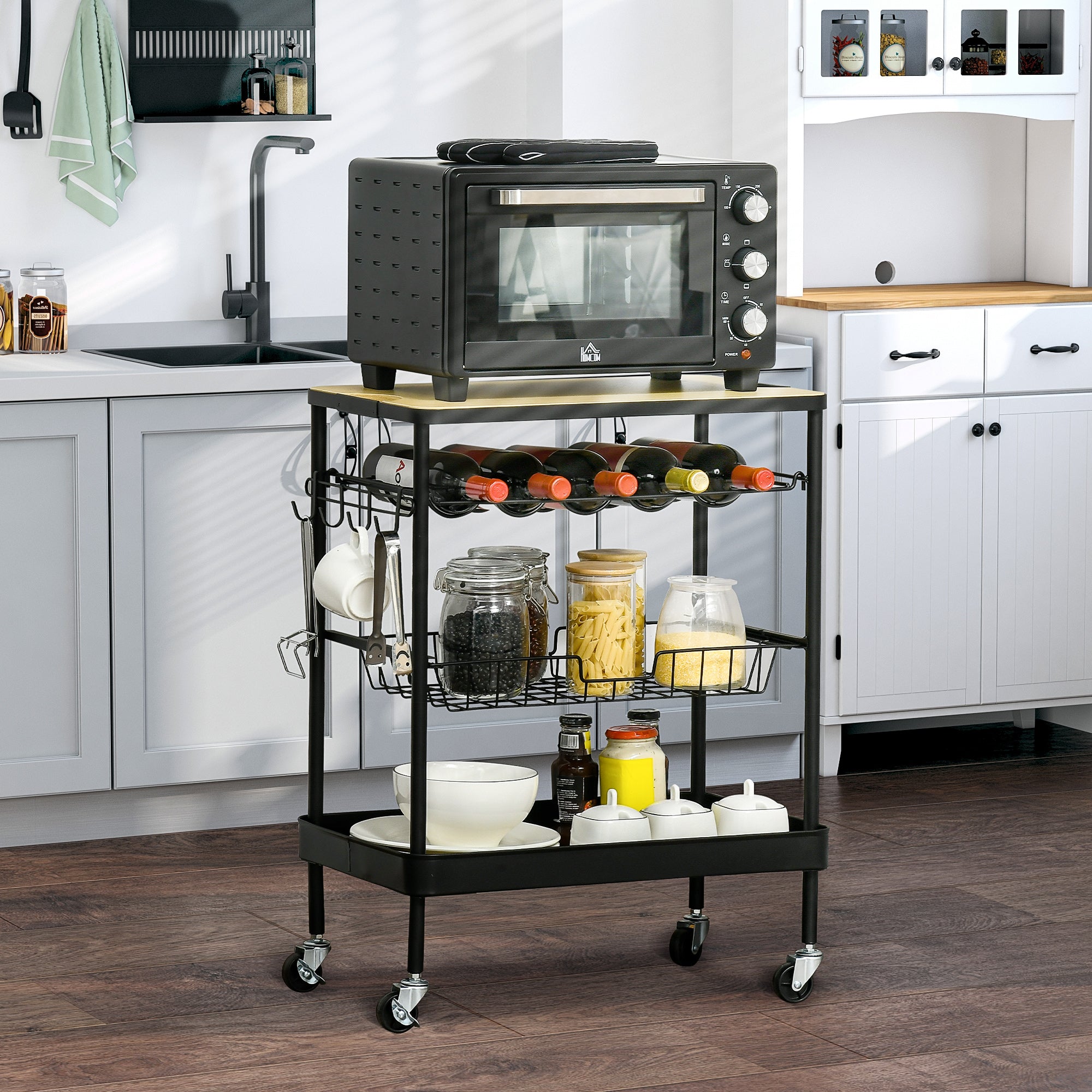 HOMCOM Rolling Kitchen Cart， 3-Tier Utility Storage Trolley with Wine Rack， Mesh Drawer and Side Hooks for Dining Room， Black/Natural