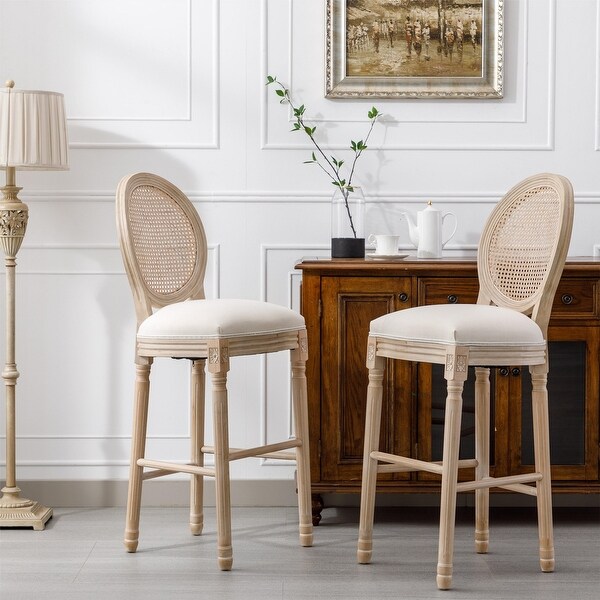 2Pcs French Country Wooden Barstools with Rattan Backrest